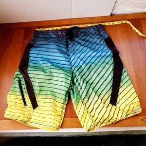 US Apparel Board Shorts M Med Green/Blue Bathing Suit Swim Trunks Pocket CLEAN